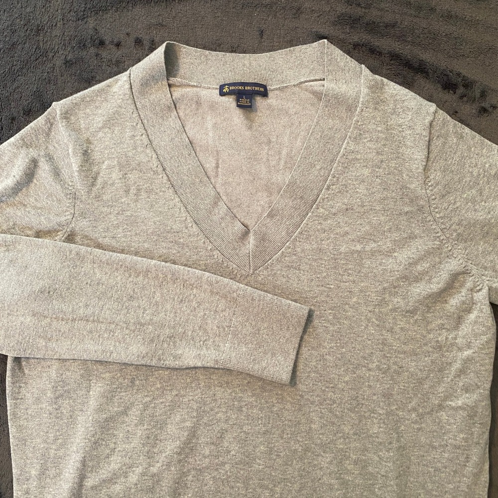 Brooks Brothers Sweater Womens L Grey Pima Cotton V-Neck Classic Preppy Pullover